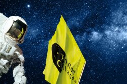 Space suit and the Pannon Observatory flag by night